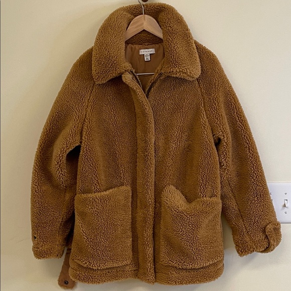 Topshop Women’s Teddy Coat Tan Oversized Zip Snap Pockets Size 4–6 EUC - Picture 1 of 9